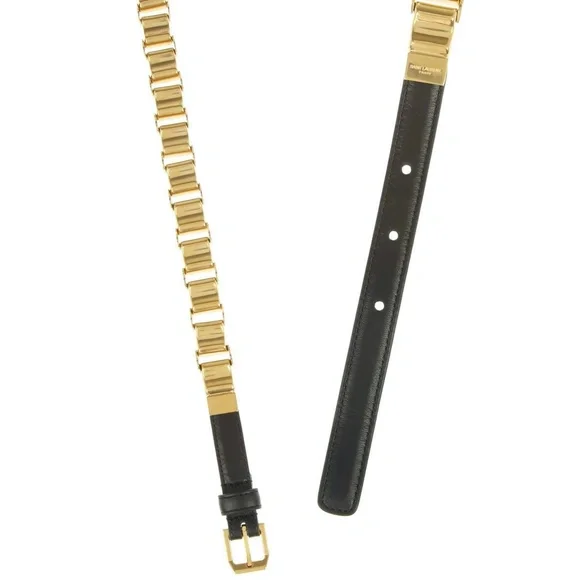 SAINT LAURENT YSL Black Leather Gold Chain Link Skinny Belt Size Small S